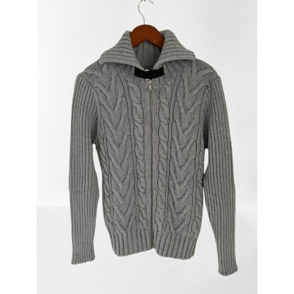 SISLEY Full Zip Cardigan Cable Knit Wool Blend Gray Chunky Size Med